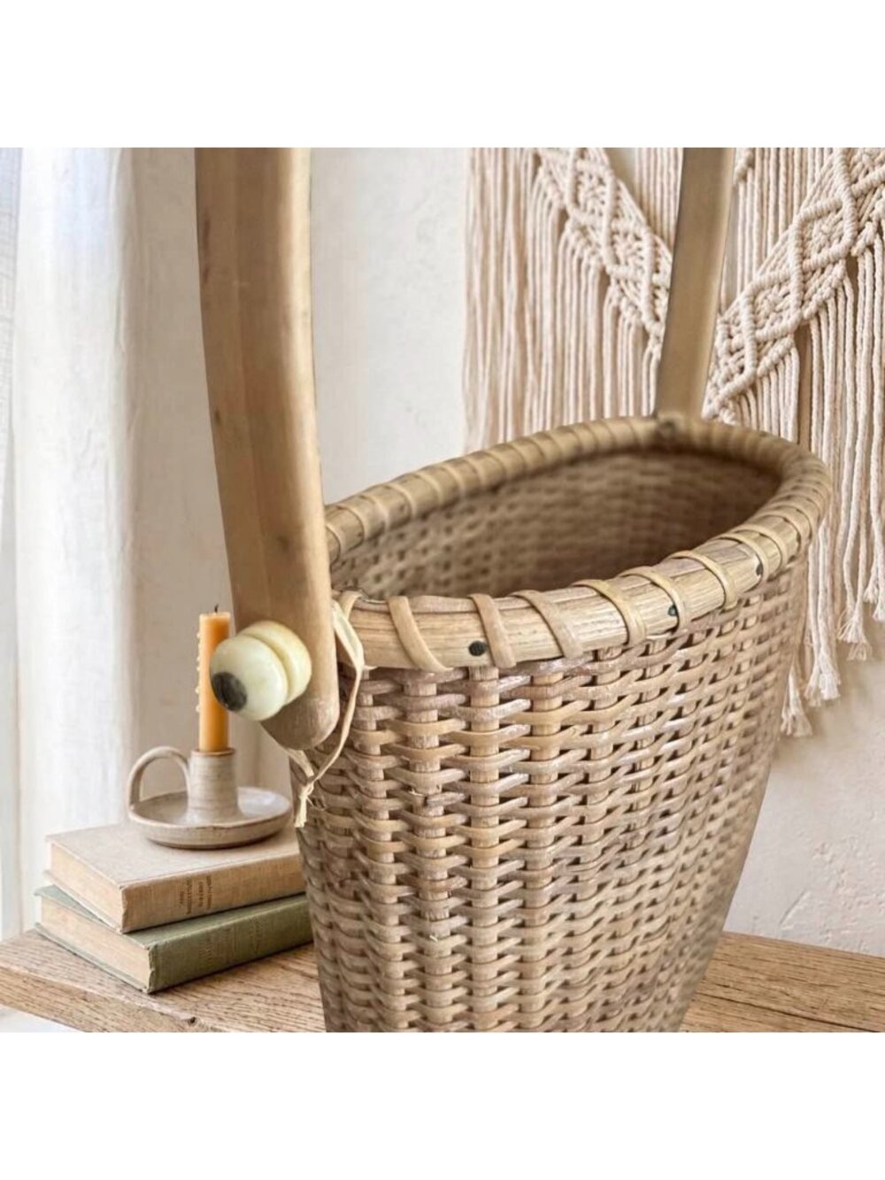 Nantucket Style Wall Basket Tight Weave Wood Handle and Bottom French Country Co - Picture 4 of 13